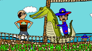 Frank Frank wrestling an alligator away from Miserable Marv a screenshot from the animated cartoon series Pancake Paradise!