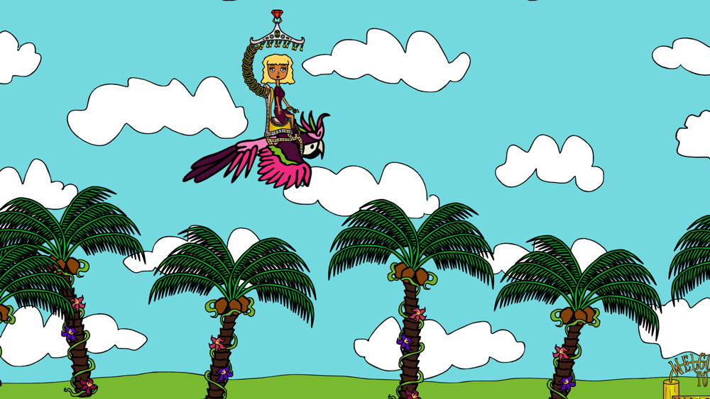Pristine Christine flying on her throne a screenshot from the animated cartoon series Pancake Paradise!