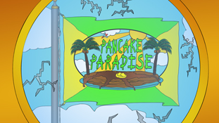 The Pancake Paradise flag being looked at through a telescope a screenshot from the animated cartoon series Pancake Paradise!