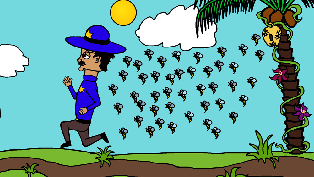 Frank Frank running for his life from killer bees from the animated cartoon series Pancake Paradise!