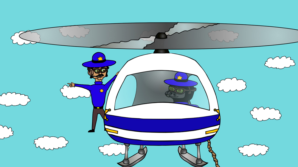 Frank Frank and Officer Estevez performing a daring rescue from the animated cartoon series Pancake Paradise!