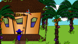 Frank Frank shooting at a bird in front of the jail from the animated cartoon series Pancake Paradise!