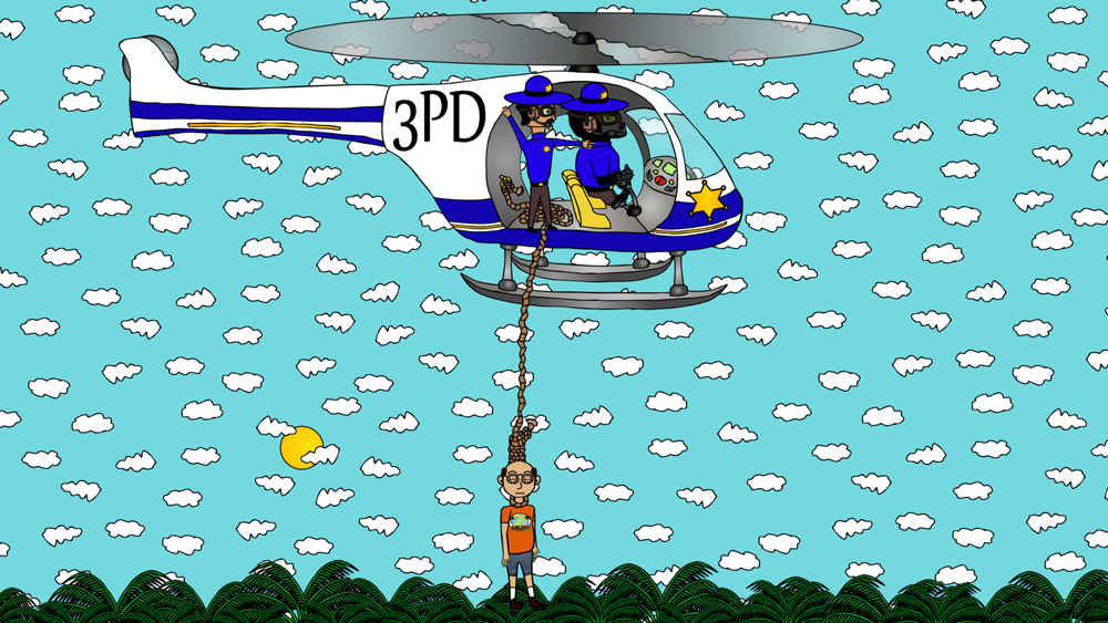 3PD transporting Miserable Marv to safety a screenshot from the animated cartoon series Pancake Paradise!