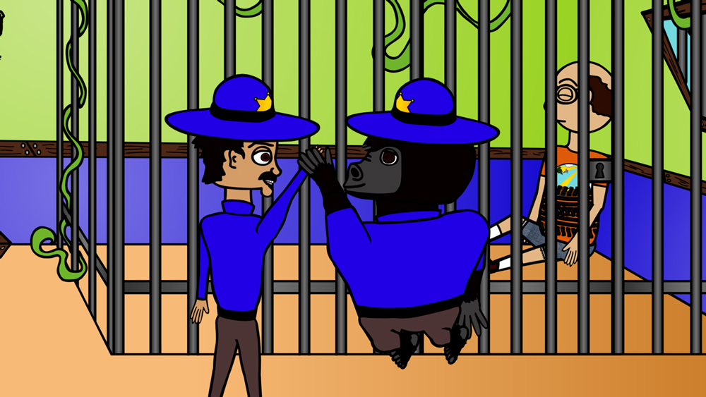 Frank Frank and Officer Estevez giving each other a high five from the animated cartoon series Pancake Paradise!