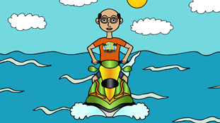 Miserable Marv riding his jet ski from the animated cartoon series Pancake Paradise!