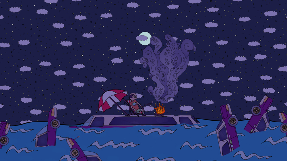 Miserable Marv having a camp fire in the middle of the ocean from the animated cartoon series Pancake Paradise!