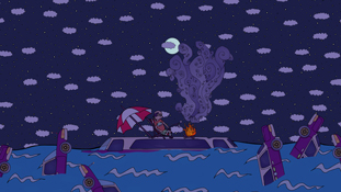Miserable Marv having a camp fire in the middle of the ocean from the animated cartoon series Pancake Paradise!