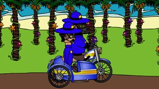 Frank Frank and Officer Estevez off to solve a crime on their motorcycle from the animated cartoon series Pancake Paradise!