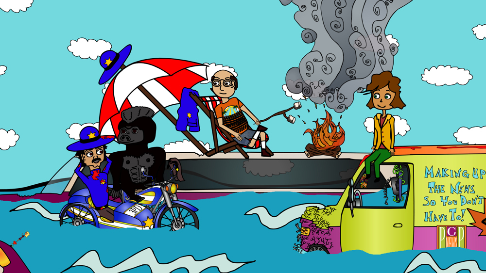 Frank Frank, Officer Estevez, Miserable Marv, and Chicken Patty all lounging in the ocean a screenshot from the animated cartoon series Pancake Paradise!