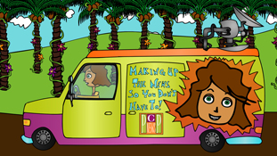 Chicken Patty showing off the new side of her van from the animated cartoon series Pancake Paradise!
