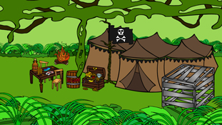 A pirate camp set up in the jungle of Pancake Paradise a screenshot from the animated cartoon series Pancake Paradise!