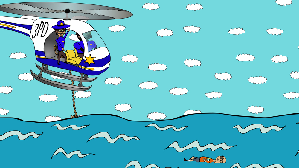 Frank Frank and Officer Estevez out to sea to retrieve Miserable Marv's dead body a screenshot from the animated cartoon series Pancake Paradise!