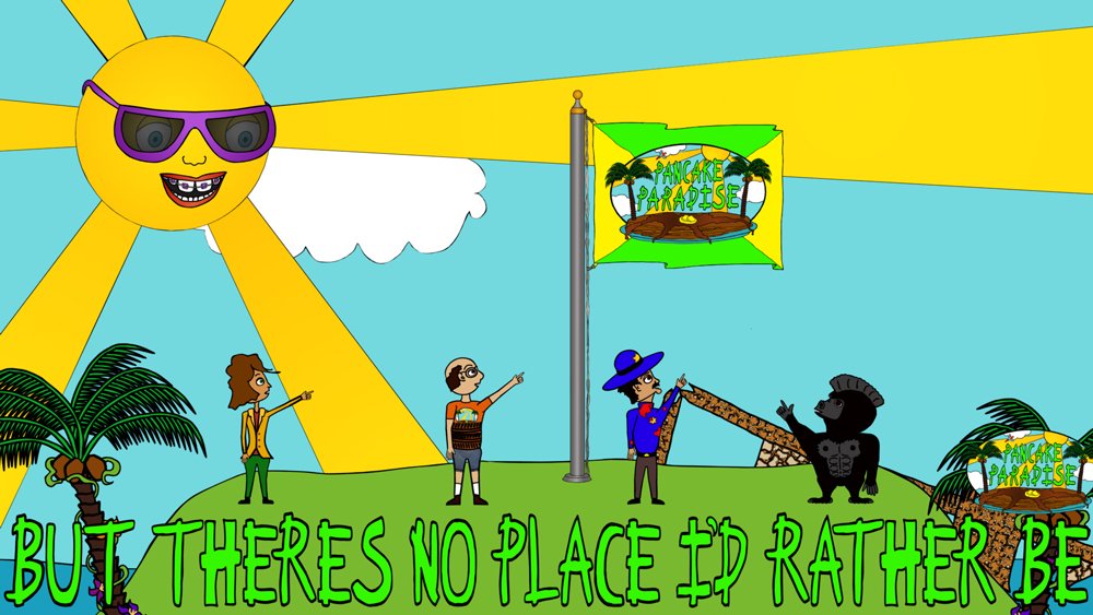 Chicken Patty, Miserable Marv, Frank Frank, and Officer Estevez all showing love for their home land a screenshot from the animated cartoon series Pancake Paradise!