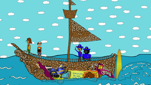 Chicken Patty, Miserable Marv, Frank Frank, and Officer Estevez sailing on the most delicious boat in the world a screenshot from the animated cartoon series Pancake Paradise!