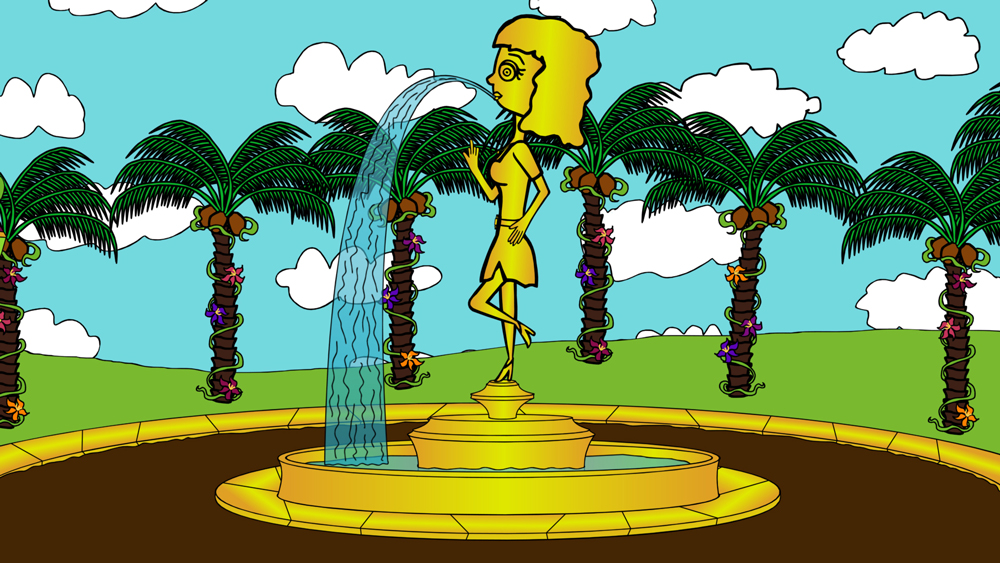A golden statue in downtown Pancake Paradise to honor the great Pristine Christine a screenshot from the animated cartoon series Pancake Paradise!