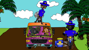 Frank Frank almost falling off the top of Chicken Patty's van a screenshot from the animated cartoon series Pancake Paradise!