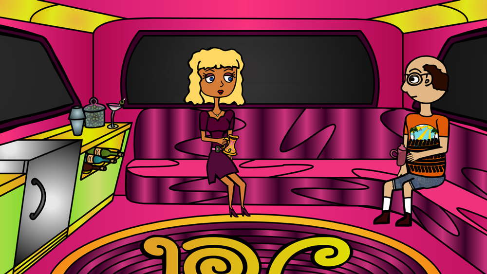 Pristine Christine and Miserable Marv both enjoying a drink out of the finest glass they own inside her limousine a screenshot from the animated cartoon series Pancake Paradise!