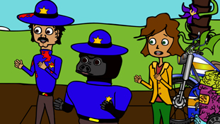 Frank Frank, Officer Estevez, and Chicken Patty all displaying teamwork a screenshot from the animated cartoon series Pancake Paradise!